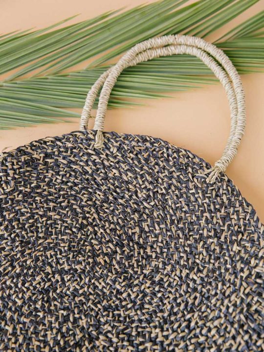 Classic Straw Circle Tote Bag - Navy Blue